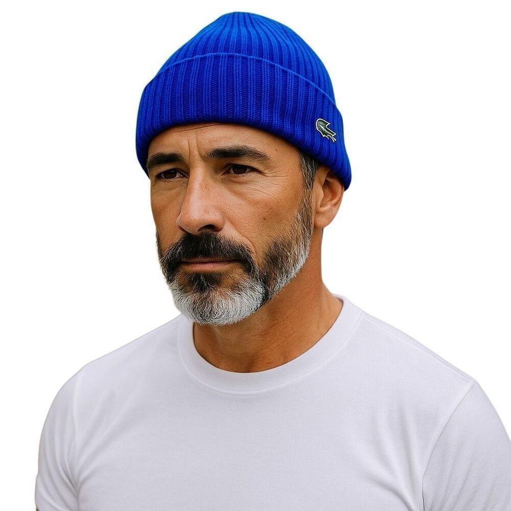 Lacoste Unisex Rib Knit Beanie Hat Wool Cuffed Winter Cap w/ Crocodile Logo Blue